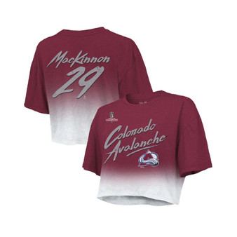 Women's Threads Nathan MacKinnon Burgundy Colorado Avalanche 2022 Stanley Cup Champions Dip Dye Boxy Crop T-shirt