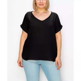 Plus Size Gauze V-neck Rolled Sleeve Top