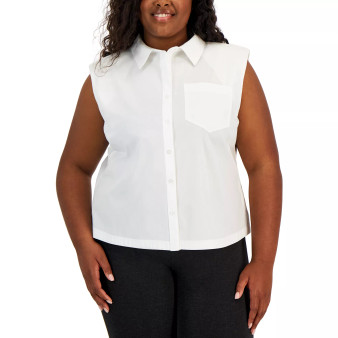 Plus Size Sleeveless Cotton Button-Up Shirt