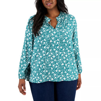 Plus Size Ruffled Tie-Neck Floral Peasant Top