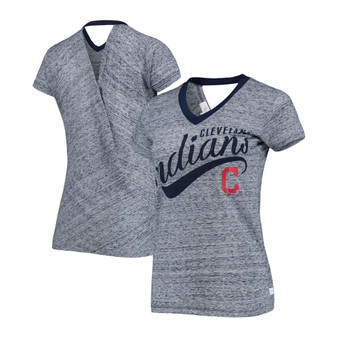 Women's Navy Cleveland Indians Hail Mary V-Neck Back Wrap T-shirt