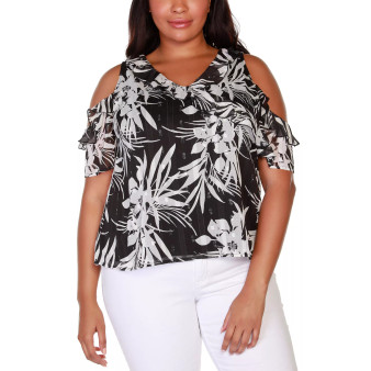 Black Label Plus Size Tropical Floral Cold Shoulder Ruffle Top