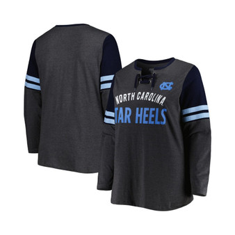 Women's Heather Charcoal, Navy North Carolina Tar Heels Plus Size Stripe Lace-Up V-Neck Long Sleeve T-shirt