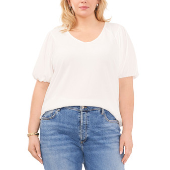 Plus Size Textured V-Neck Puff-Sleeve Top