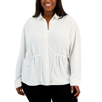 Plus Size Drawstring-Waist Button-Front Top