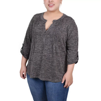 Plus Size 3/4 Roll Tab Sleeve Y Neck Top