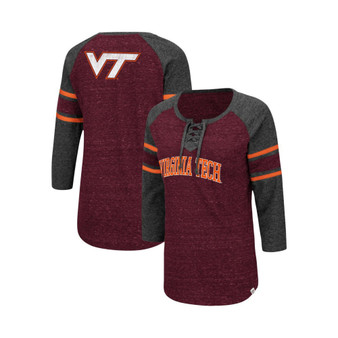 Women's Maroon and Heathered Charcoal Arkansas Razorbacks Scienta Pasadena Raglan 3/4 Sleeve Lace-Up T-shirt