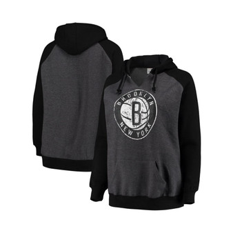 Women's Branded Heathered Charcoal, Black Brooklyn Nets Plus Size Raglan Notch Neck Pullover Hoodie