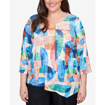 Plus Size Moody Blues Geometric Stained Glass Asymmetric Top