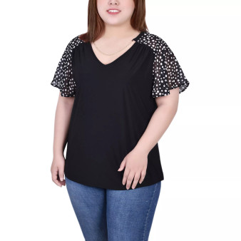 Plus Size Combo Chiffon-Sleeve V Neck Top