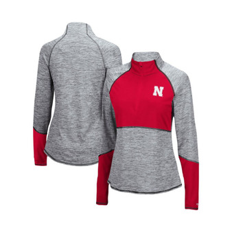 Women's Heathered Gray, Scarlet Nebraska Huskers Color Block Space-Dye Raglan Quarter-Zip Top