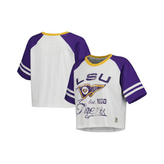Women's White LSU Tigers Melange Beaumont Cropped Raglan T-shirt