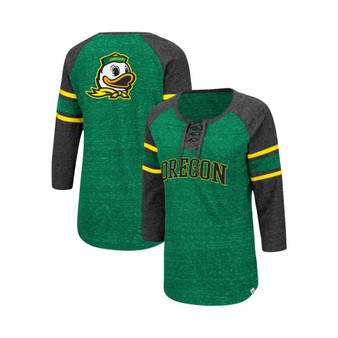 Women's Green and Heathered Charcoal Oregon Ducks Scienta Pasadena Raglan 3/4 Sleeve Lace-Up T-shirt
