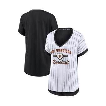 Women's Branded White and Black San Francisco Giants Iconic Noise Factor Pinstripe V-Neck T-shirt