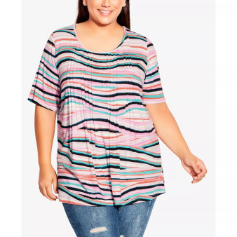 Plus Size Knit Pleated Print Top