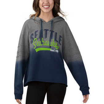 Women's Heather Gray, College Navy Seattle Seahawks Superstar Dip-Dye Crop Pullover Hoodie