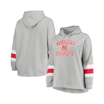 Women's Heathered Gray Nebraska Huskers Plus Size Sleeve Stripe Pullover Hoodie