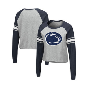 Women's Heathered Gray, Navy Penn State Nittany Lions Decoder Pin Raglan Long Sleeve T-shirt