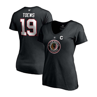 Women's Jonathan Toews Black Chicago Blackhawks 2020/21 Special Edition Authentic Stack Name Number V-Neck T-shirt