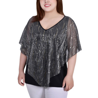Plus Size Pleated Mesh Poncho Top with Foil
