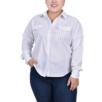 Plus Size Long Sleeve Hidden Placket Blouse with Studs