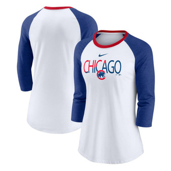 Women's White, Heathered Royal Chicago Cubs Color Split Tri-Blend 3/4 Sleeve Raglan T-shirt