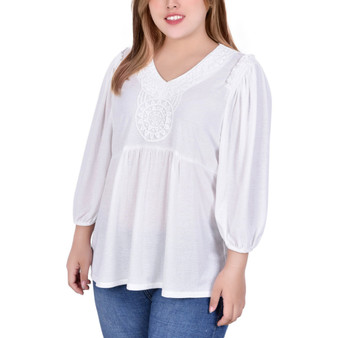 Plus Size 3/4 Sleeve Knit Gauze with Crochet Top