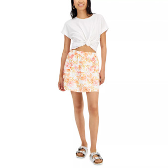 Juniors' Elasticized-Waist Poplin Tiered Mini Skirt