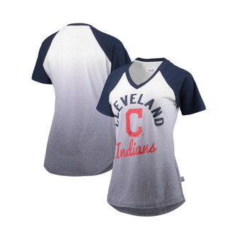 Women's Navy and White Cleveland Indians Shortstop Ombre Raglan V-Neck T-shirt