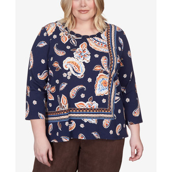 Plus Size Autumn Weekend Paisley Border Braid Neck Top