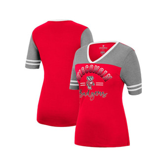 Women's Red, Heathered Gray Wisconsin Badgers There You Are V-Neck T-shirt