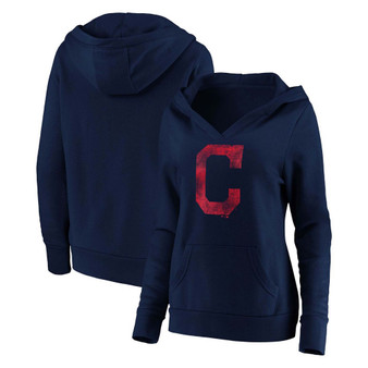 Plus Size Navy Cleveland Indians Core Team Crossover V-Neck Pullover Hoodie