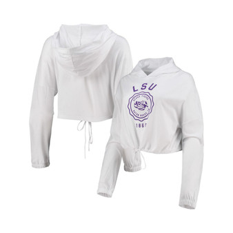 Women's White LSU Tigers Poppy Cinched Cropped Hoodie Long Sleeve T-shirt