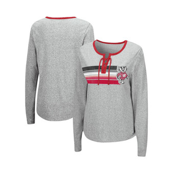 Women's Heathered Gray Wisconsin Badgers Sundial Tri-Blend Long Sleeve Lace-Up T-shirt