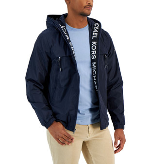 Men's Water-Resistant Logo-Tape Hooded Windbreaker