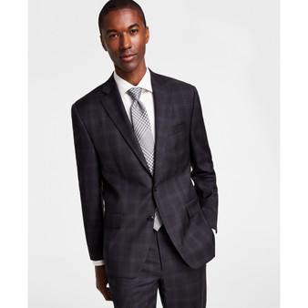 Men's Classic-Fit Wool Stretch Charcoal/Brown Plaid Suit Jacket