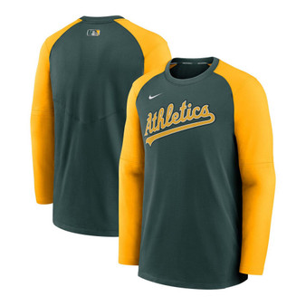 Men's Green, Gold-Tone Oakland Athletics Authentic Collection Pregame Performance Raglan Pullover Sweatshirt