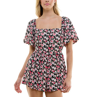 Juniors' Square-Neck Puff-Sleeve Floral Romper