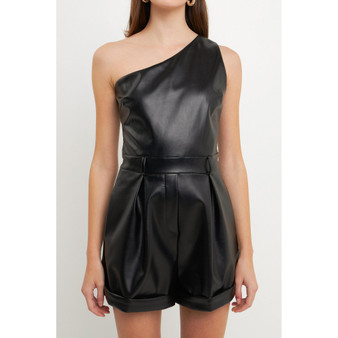 Women's One Shoulder Pu Romper