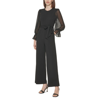 Crewneck Chiffon Flare-Leg Jumpsuit