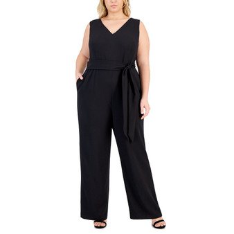 Plus Size V-Neck Sleeveless Belted Jumpsuit