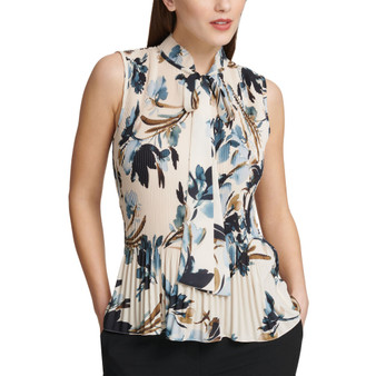 Pleated Floral-Print Sleeveless Blouse