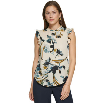 Women's Printed Quarter-Button Round-Neck Top