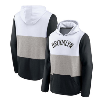 Men's White and Black Brooklyn Nets Linear Logo Comfy Colorblock Tri-Blend Pullover Hoodie
