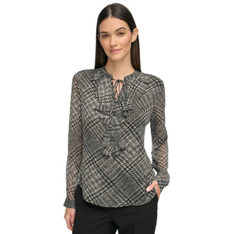 Women's Textured-Plaid Tie-Neck Top