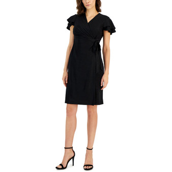 Women's Seamed Jacquard Flutter-Sleeve Wrap Dress