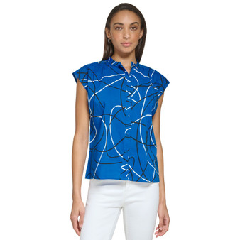 Abstract Print Cap Sleeve Button Down Blouse