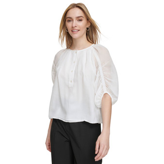 Women's Cinched-Sleeve Button-Front Top