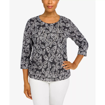 Women's Floral Jacquard Butterfly 3/4 Sleeve Top with Necklace