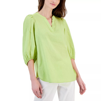 Women's Linen Split-Neck 3/4-Sleeve Popover Blouse